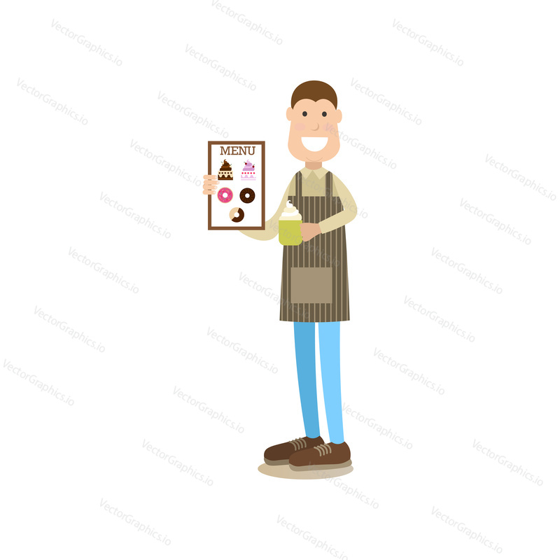 Vector illustration of waiter or barista holding menu and mug with coffee drink and whipped cream. Coffee house people flat style design element, icon isolated on white background.