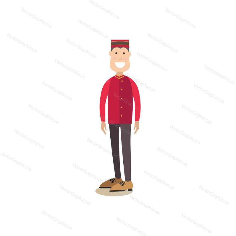 Vector illustration of hotel porter, bellhop or bellman in uniform. Hotel people flat style design element, icon isolated on white background.
