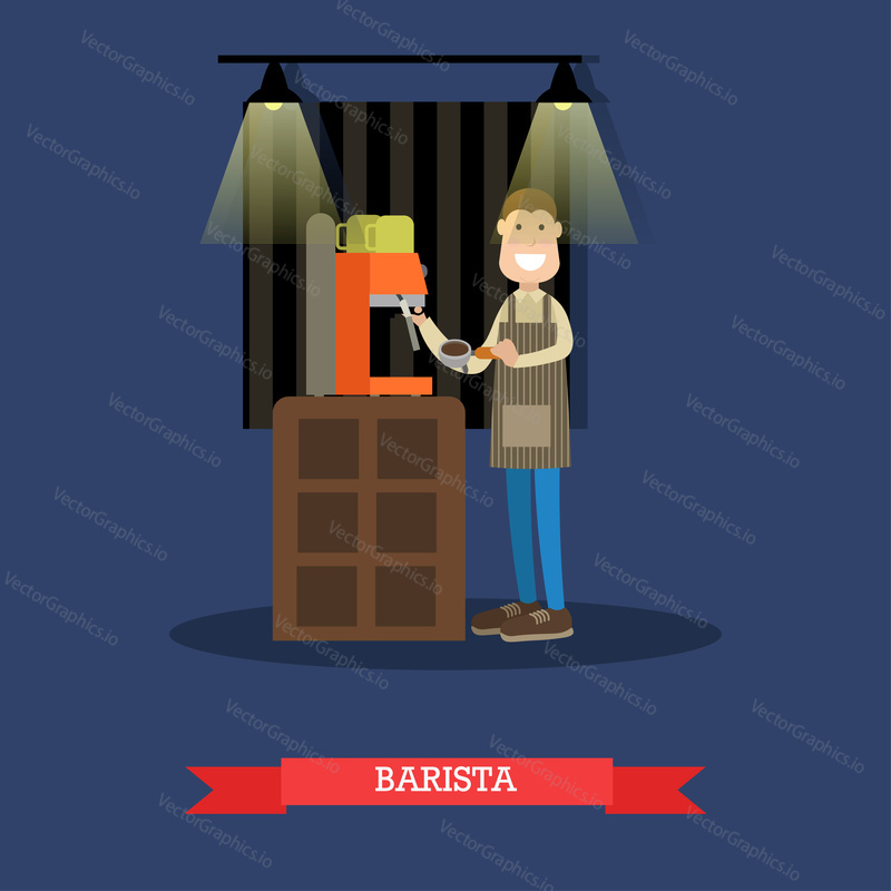 Vector illustration of barista making coffee. Coffee house interior with coffee making equipment. Flat style design.