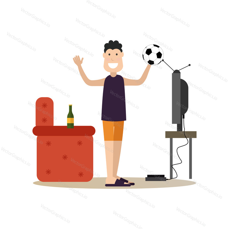 Vector illustration of father with ball watching football on tv. Family people concept flat style design element.
