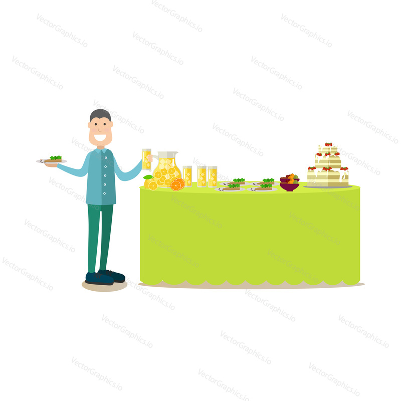 Vector illustration of diner male serving himself at hotel buffet. Hotel people flat style design element, icon isolated on white background.