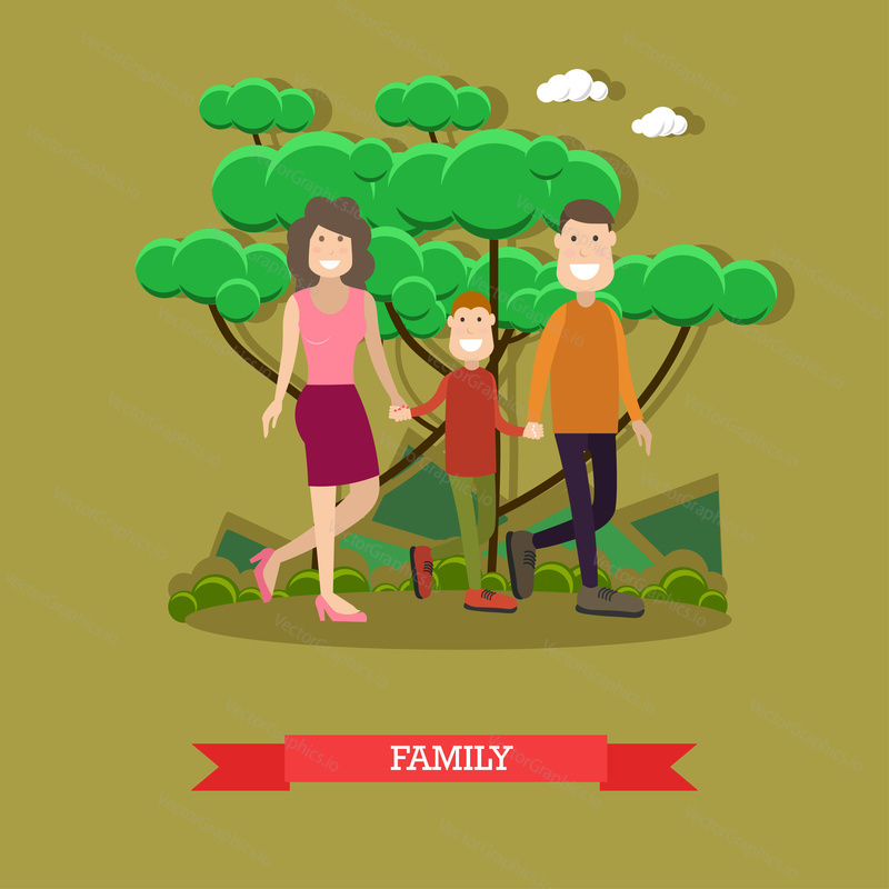 Happy family vector illustration. Father, mother and son walking in the park flat style design element.