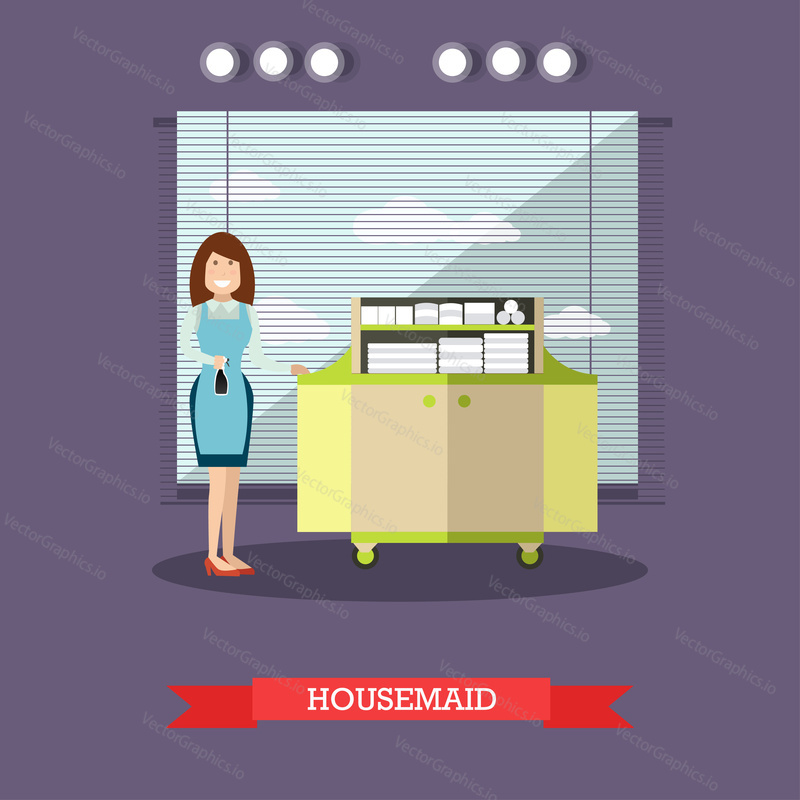 Hotel housemaid flat vector illustration. Cleaning lady or housekeeper standing next to cart with clean bed linen and towels.