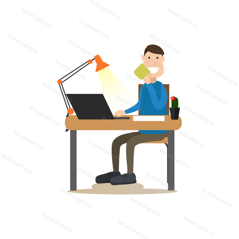 Vector illustration of office worker male using computer and drinking coffee. Coffee house people flat style design element, icon isolated on white background.
