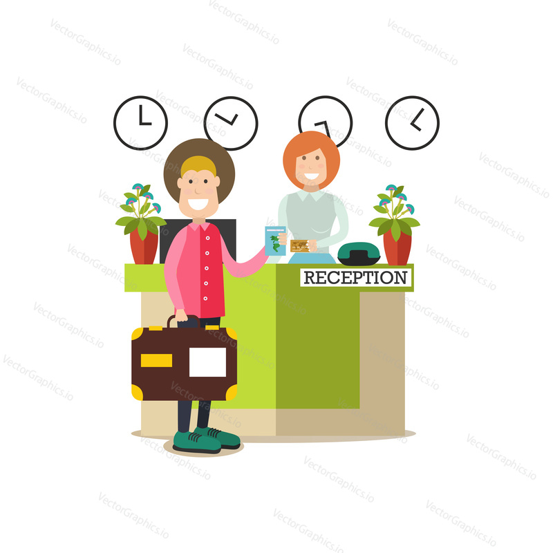 Vector illustration of hotel guest male paying for hotel services at reception. Hotel people flat style design element, icon isolated on white background.
