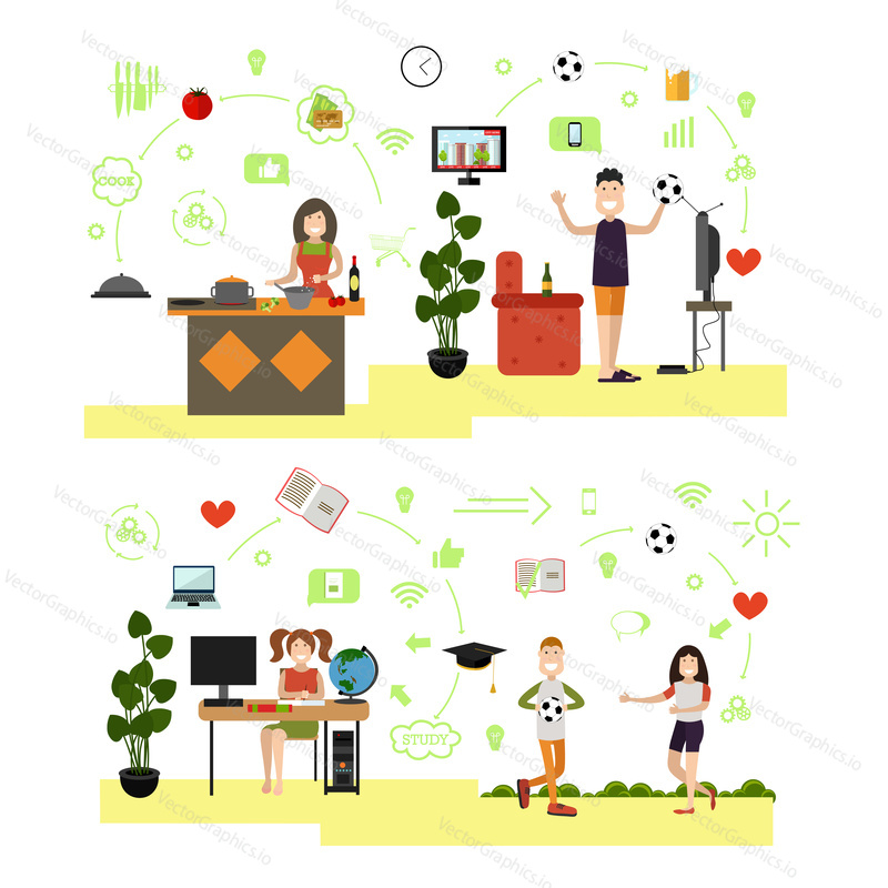 Vector illustration of mother cooking in kitchen, father with ball watching football on tv and children playing games and doing homework. Family people flat symbols, icons isolated on white background