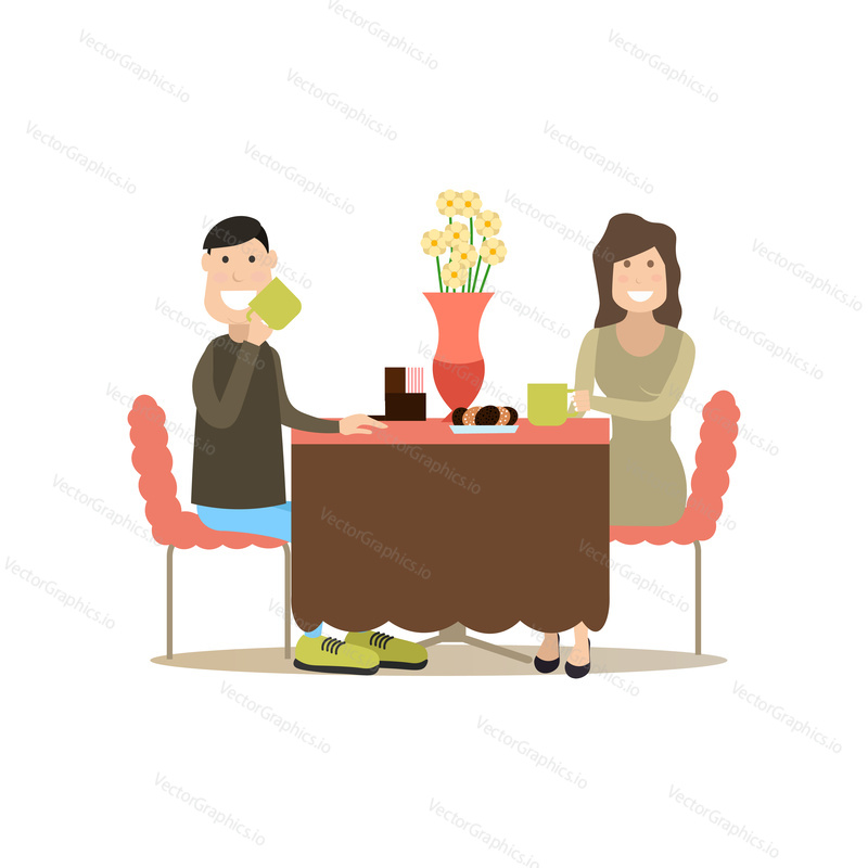 Vector illustration of couple sitting at table and drinking coffee. Coffee house people flat style design element, icon isolated on white background.