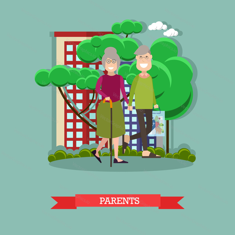 Vector illustration of elderly man and woman walking in the street or in the park. Parents concept design element in flat style.