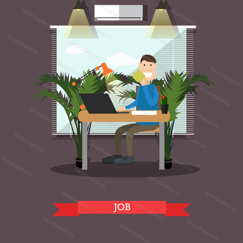 Vector illustration of office worker male using computer and drinking coffee. Job concept flat style design element.