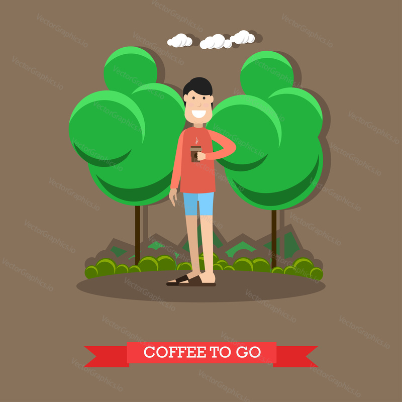 Coffee to go concept vector illustration in flat style. Young man with takeaway coffee. Flat style design.