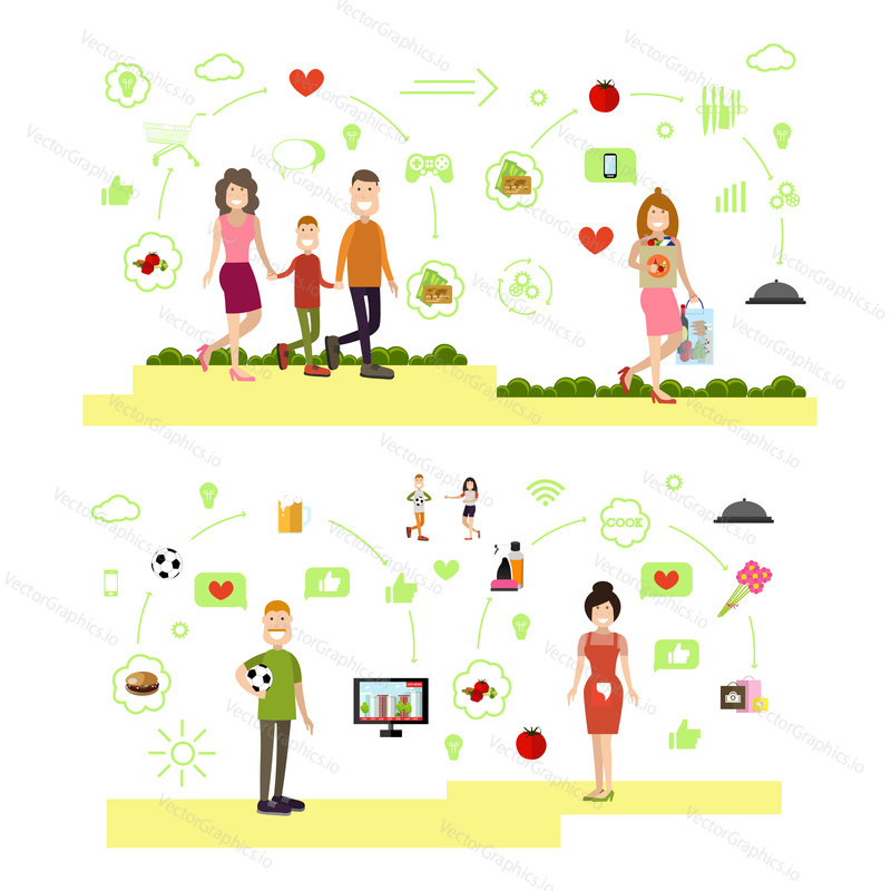Vector illustration of family with one children, mother with purchases, mom cooking and daddy with ball. Family people symbols, icons isolated on white background. Flat style design.