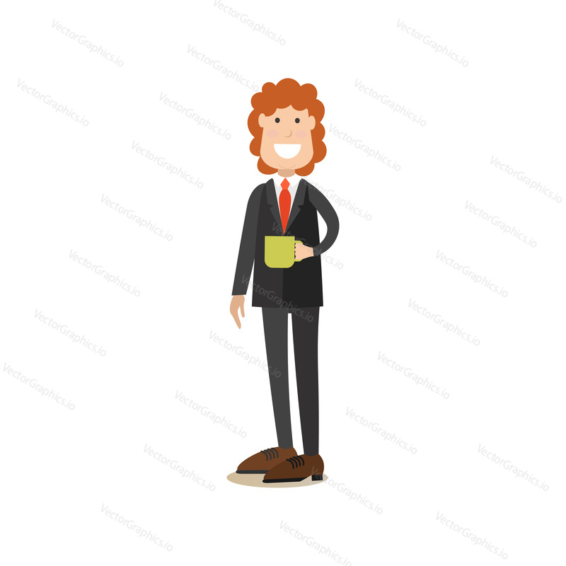 Vector illustration of coffee house director with cup of coffee drink. Coffee house people flat style design element, icon isolated on white background.