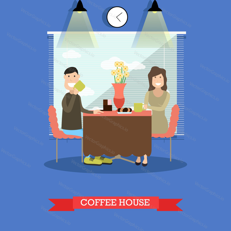 Coffee house concept vector illustration. Happy couple sitting at table, drinking coffee flat style design element.