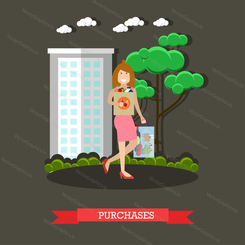 Vector illustration of woman with bags full of groceries. Mother with purchases concept design element in flat style.