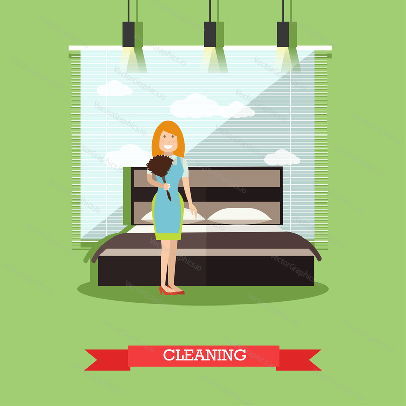 Vector illustration of chambermaid cleaning and tidying hotel bedroom. Hotel service, housekeeping flat style design element.