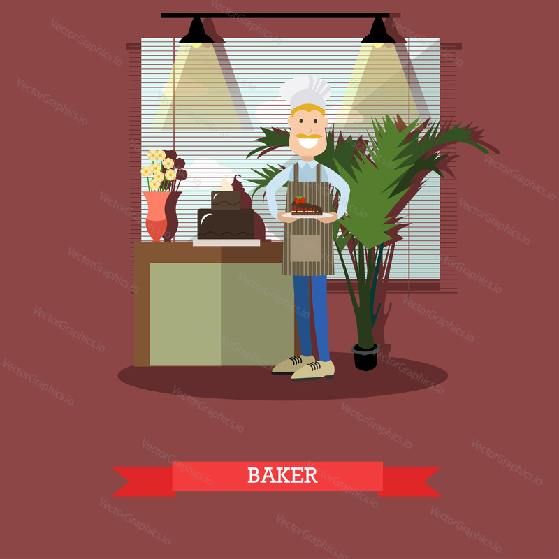 Vector illustration of confectioner holding plate with slice of cake. Coffee house, bakery or candy store interior. Baker flat style design element.