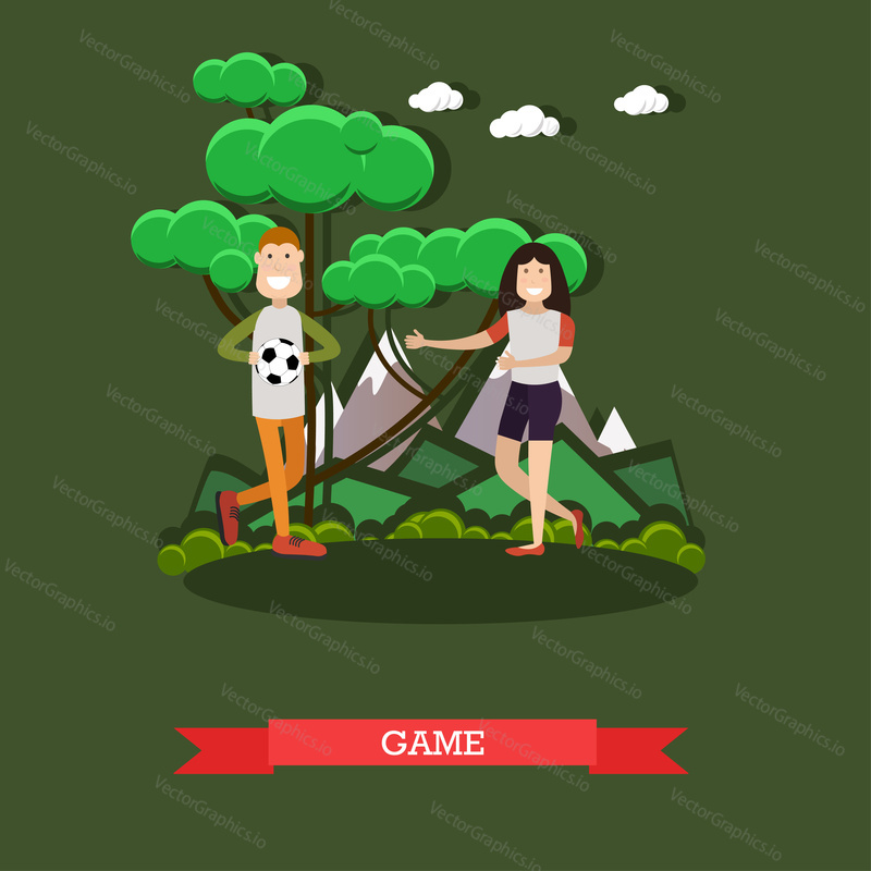 Vector illustration of cute children boy and girl. Brother and sister playing games in the park flat style design element.