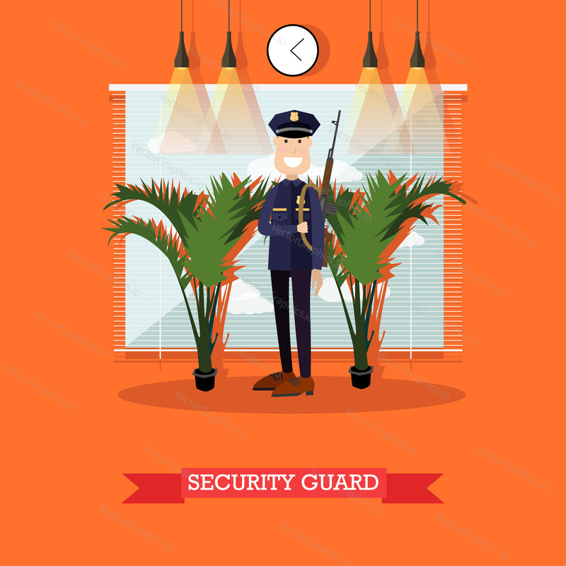 Vector illustration of armed policeman in uniform. Security guard flat style design element.