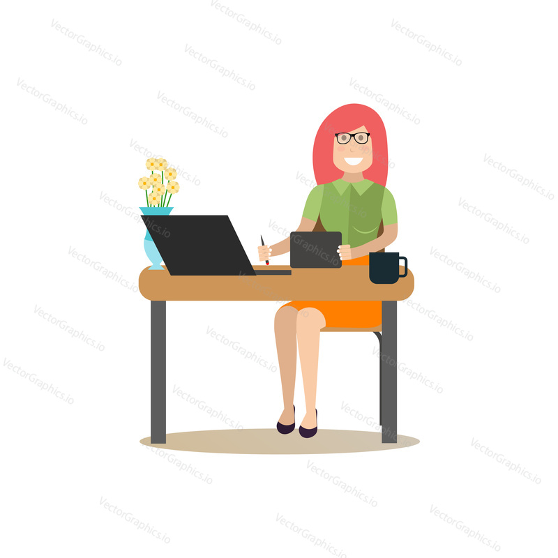 Vector illustration of graphic designer female sitting at the table and working on tablet. Creative team people flat style design element, icon isolated on white background.