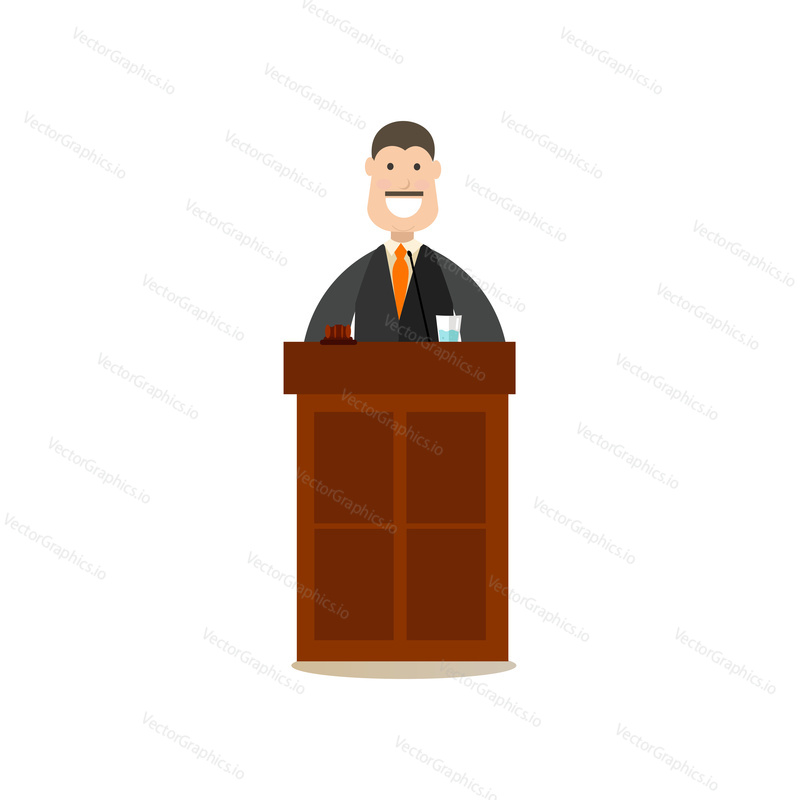 Vector illustration of professional judge in robe standing at tribune. Law court people flat style design element, icon isolated on white background.