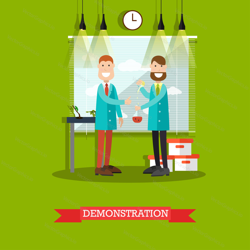 Vector illustration of scientists males demonstrating test results. Scientific laboratory interior, equipment and lab glassware. Flat style design.