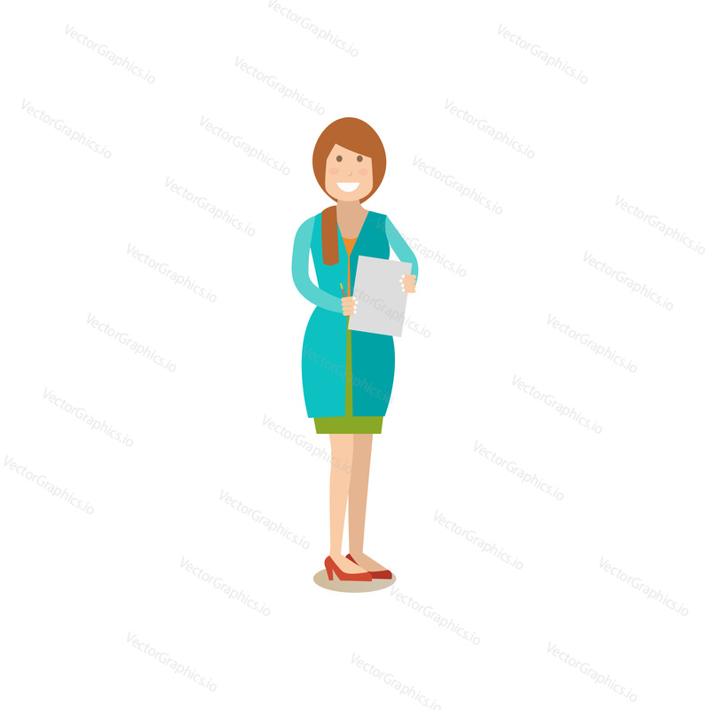 Vector illustration of scientist female holding paper with test results. Science people concept flat style design element, icon isolated on white background.