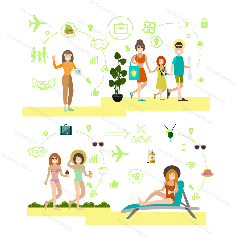 Vector illustration of vacationers taking rest on the beach, tour operator offering trips for travelers. Summer people symbols, icons isolated on white background. Flat style design.