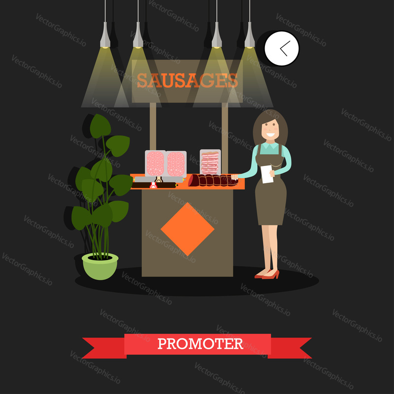 Vector illustration of butcher shop or supermarket and meat products promoter female. Flat style design.