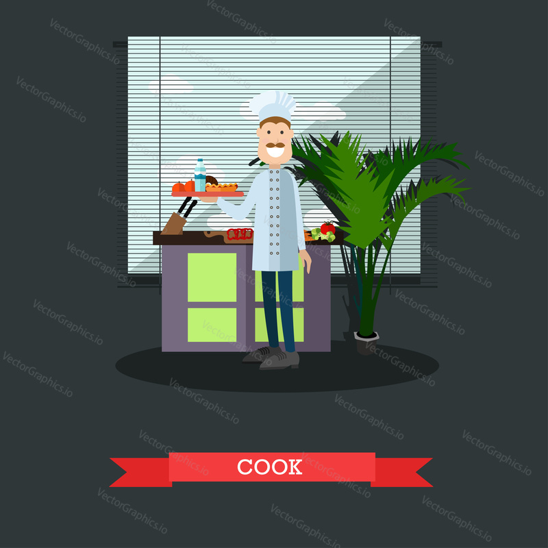 Vector illustration of school cook holding tray with food. Flat style design.