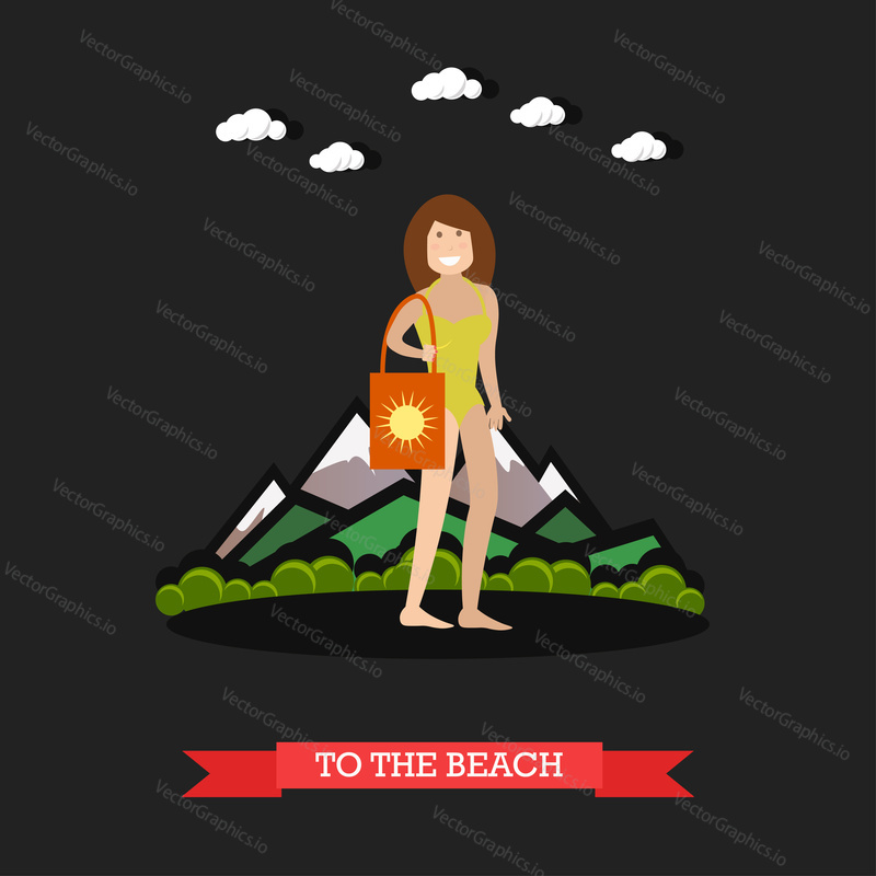 Vector illustration of woman in swimsuit going to the beach. Summer vacation flat style design element.
