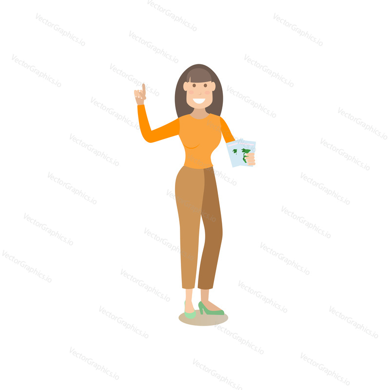 Vector illustration of travel agency worker female offering tours and trips for travelers. Tour operator flat style design element, icon isolated on white background.