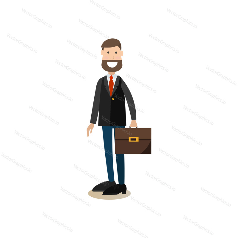 Vector illustration of headmaster male with briefcase. School principal flat style design element, icon isolated on white background.