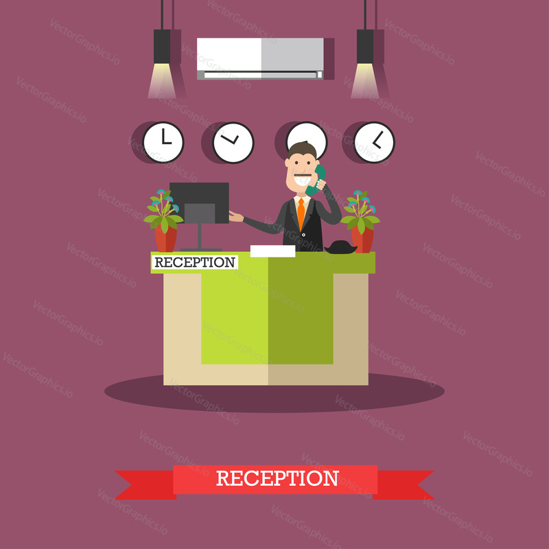 Hotel reception concept vector illustration. Hotel worker receptionist male standing at reception desk and talking on the telephone flat style design element.