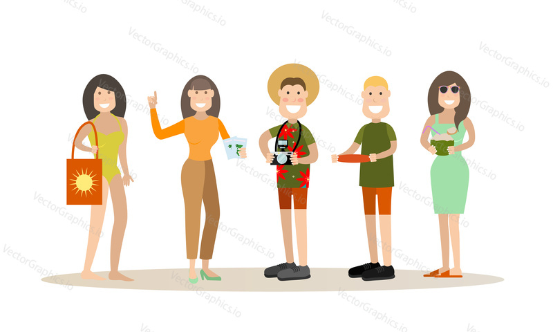 Vector illustration of travelers woman in swimsuit, lady with cocktail, tourists males and tour operator female. Summer people concept flat style design element, icon isolated on white background.