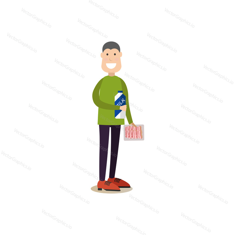 Vector illustration of buyer male with carton milk box and bacon in vacuum pack. People shopping flat style design element, icon isolated on white background.