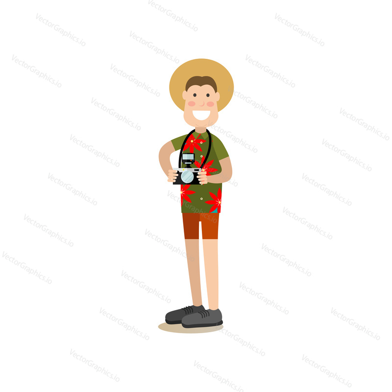 Vector illustration of tourist male with camera. Summer people concept flat style design element, icon isolated on white background.