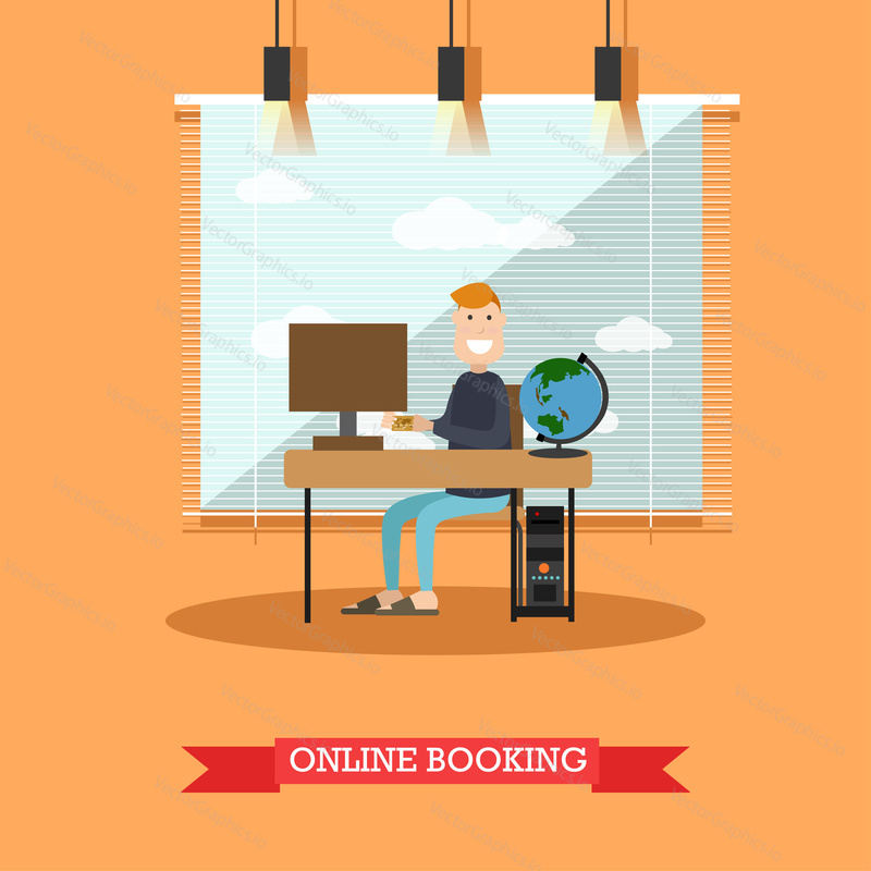 Online hotel booking vector illustration. Man using computer and internet to make a reservation of hotel room flat style design element.