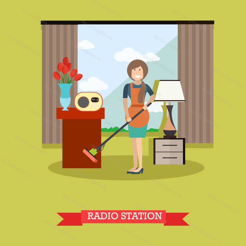 Vector illustration of cleaning woman or housewife listening to radio while washing flooring with sponge mop. Radio station concept design element in flat style.