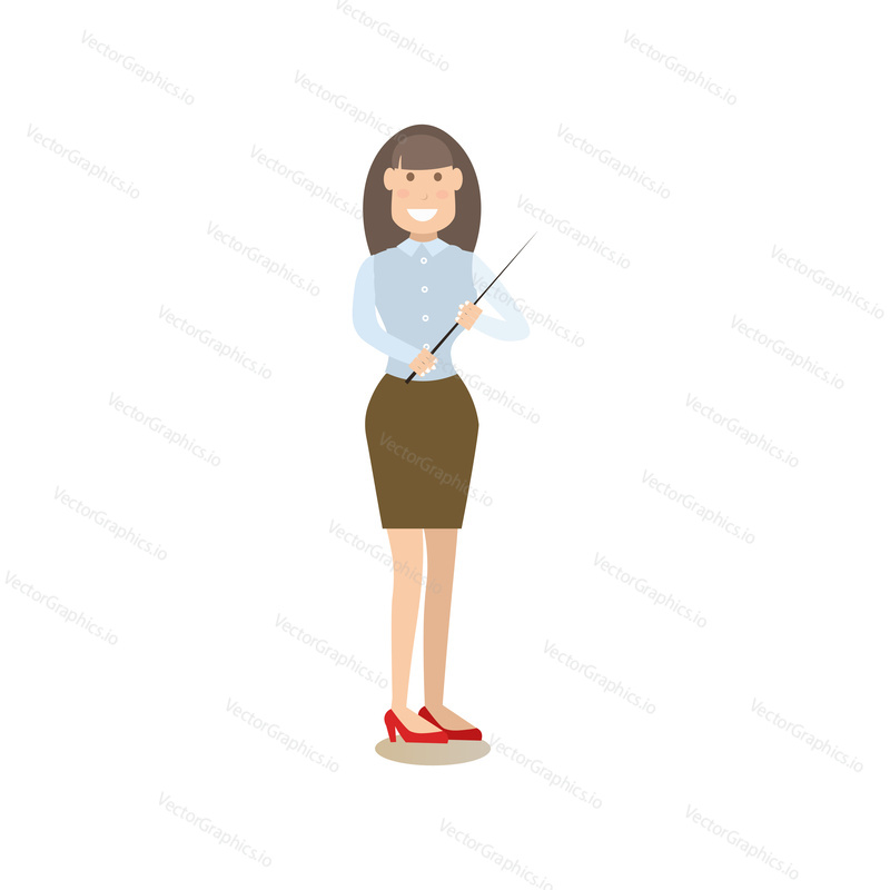 Vector illustration of teacher female with pointer. School people concept flat style design element, icon isolated on white background.
