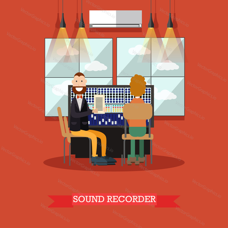 Vector illustration of radio studio workers males producing radio programme with sound recording equipment. Sound recorder flat style design element.
