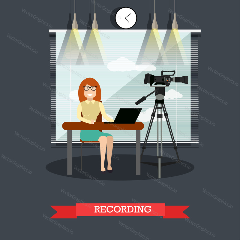 Vector illustration of court worker female making record of legal proceeding or court hearing. Flat style design.