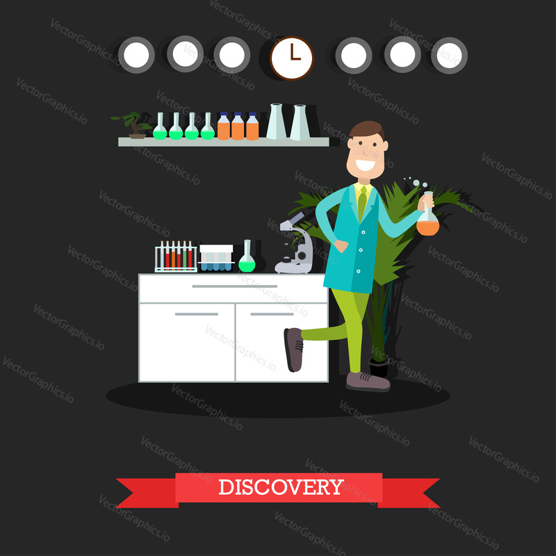 Vector illustration of happy scientist male with test flask making an important scientific discovery. Laboratory equipment and interior. Flat style design.