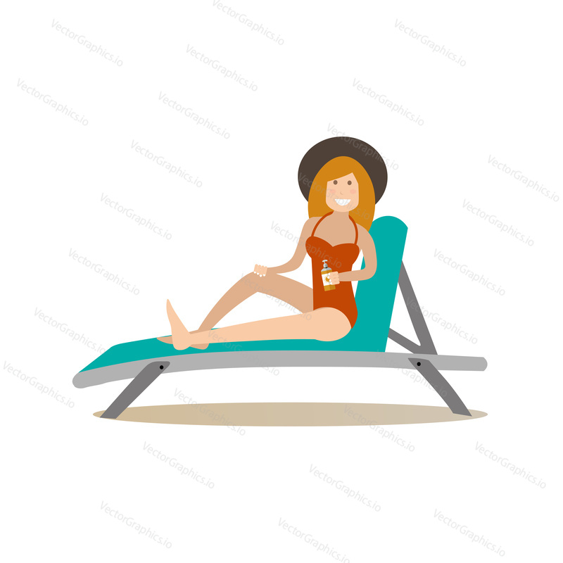 Vector illustration of woman in red swimming suit and sun hat sitting on deckchair. Summer people concept flat style design element, icon isolated on white background.