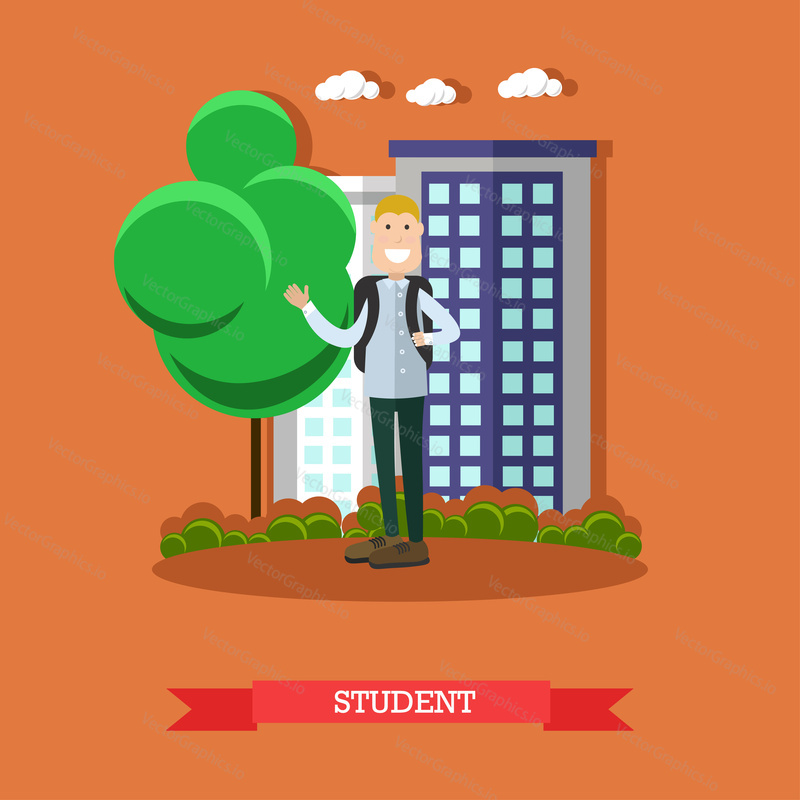 Vector illustration of schoolboy with backpack. Student concept design element in flat style.