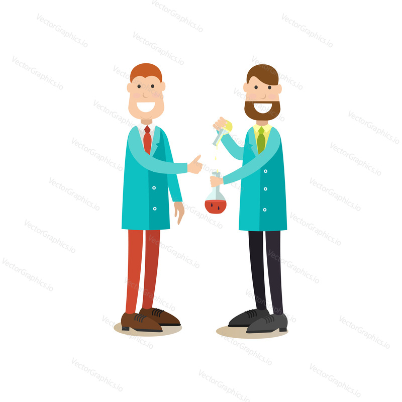 Vector illustration of scientists males demonstrating test results. Science people concept flat style design element, icon isolated on white background.