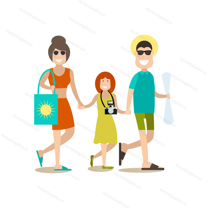 Vector illustration of father, mother and daughter going to the beach. Summer people concept flat style design element, icon isolated on white background.