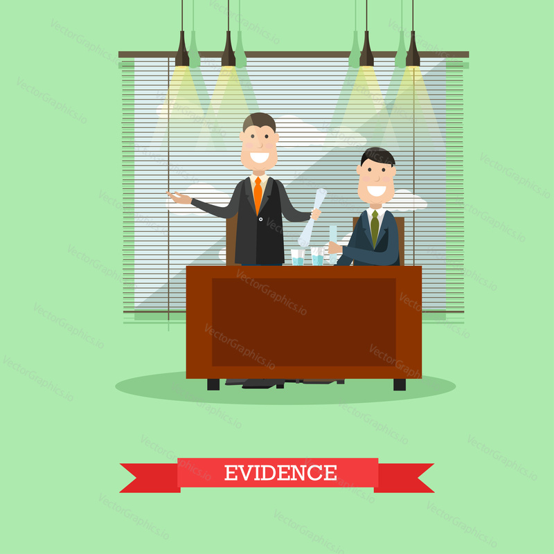 Vector illustration of happy lawyer providing the court with the proof of his client innocence. Evidence flat style design element