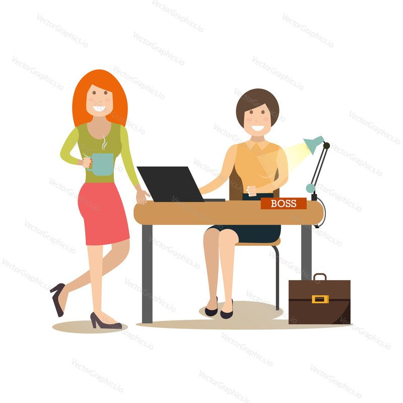 Vector illustration of women creative boss and her colleague with cup of tea. Creative team people flat style design element, icon isolated on white background.