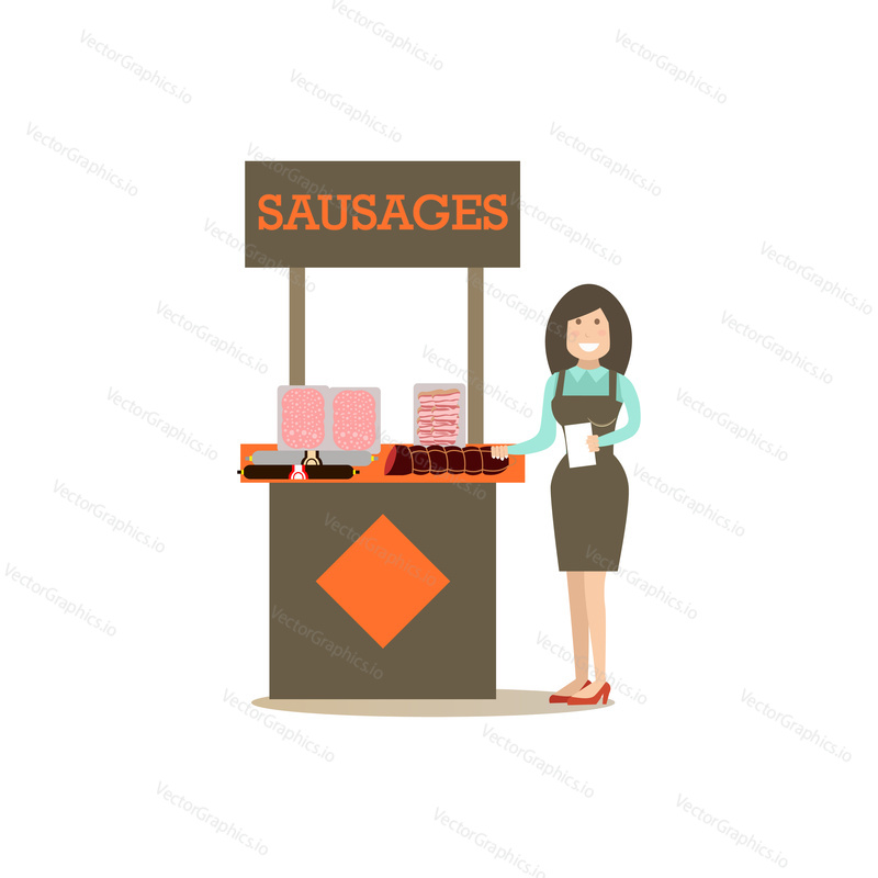 Vector illustration of promoter female advertising sausages. People shopping flat style design element, icon isolated on white background.