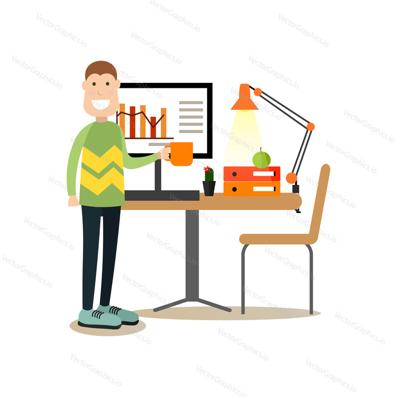 Vector illustration of website developer at workplace. Creative team people flat style design element, icon isolated on white background.